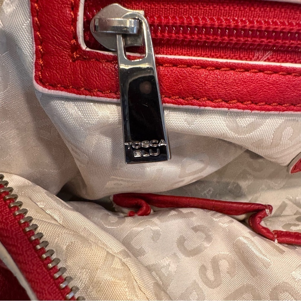 Tosca Blu Red Leather 2 Handle Satchel With Bold Chrome Accents white piping - Picture 9 of 16
